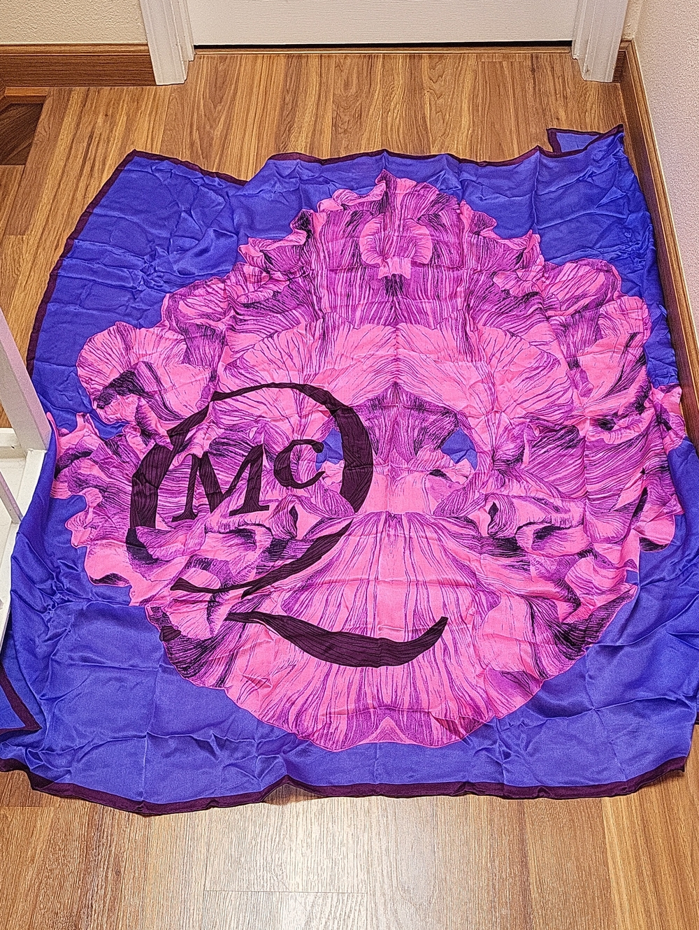 Designer-Inspired Pink & Purple Floral Silk Scarf with Monogram Detail